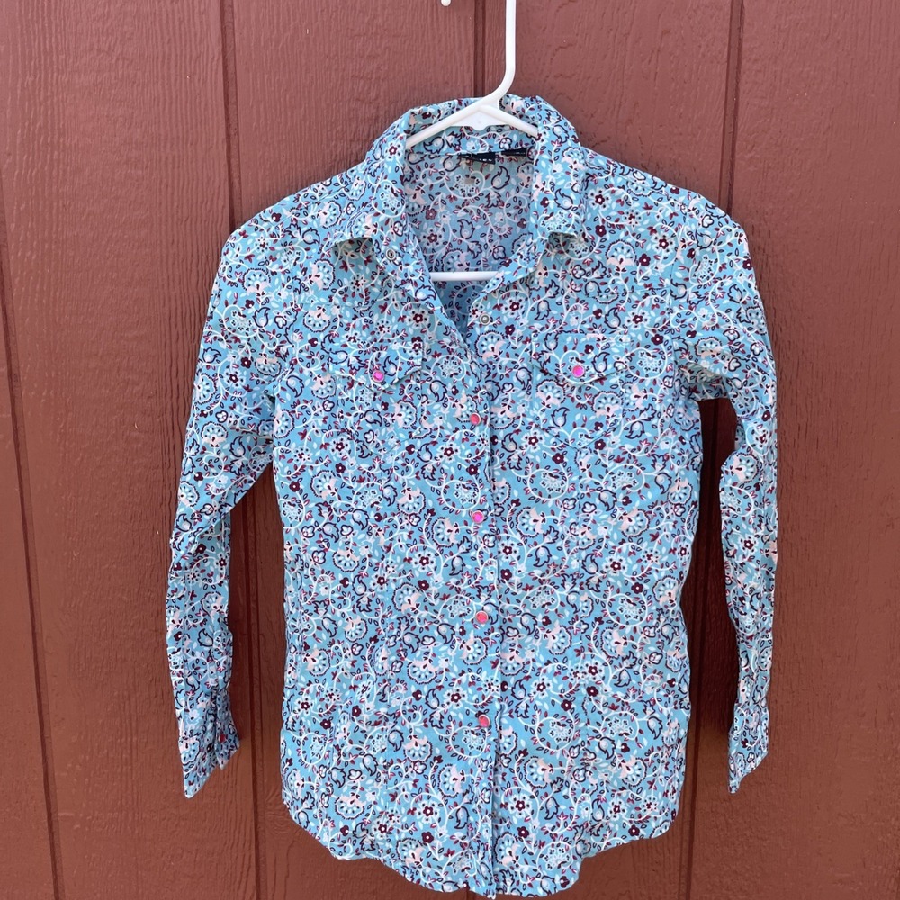 Cruel Girls Top,L 10 Turquoise Paisley With Pink Rhinestone Snap Closure